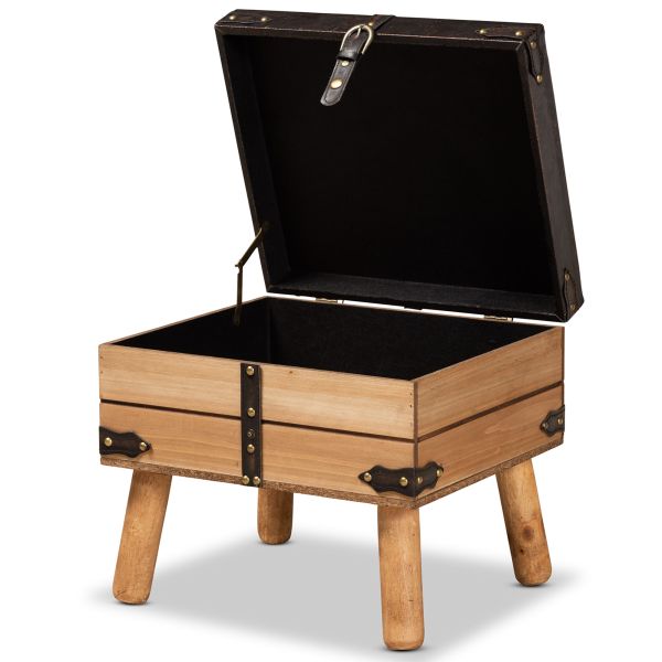 Amena Rustic Transitional Dark Brown PU Leather Upholstered and Oak Finished Wood Small Storage Ottoman