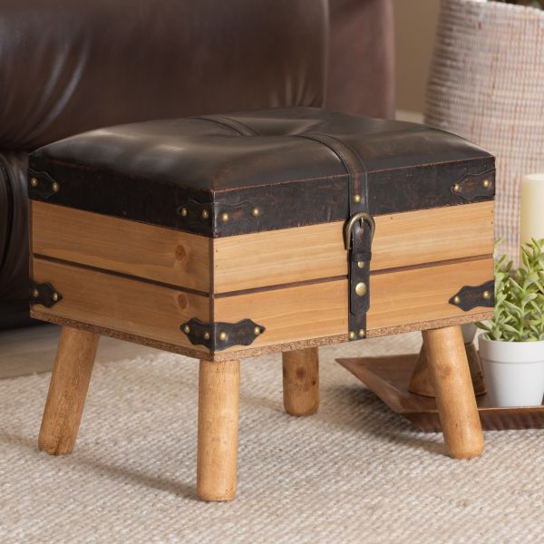 Amena Rustic Transitional Dark Brown PU Leather Upholstered and Oak Finished Wood Small Storage Ottoman