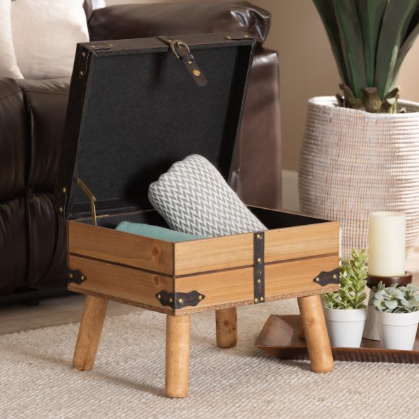 Amena Rustic Transitional Dark Brown PU Leather Upholstered and Oak Finished Wood Small Storage Ottoman