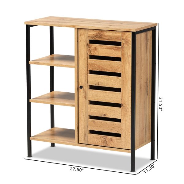 Vander Modern and Contemporary Oak Brown Finished Wood and Black Finished Metal 1-Door Shoe Storage Cabinet