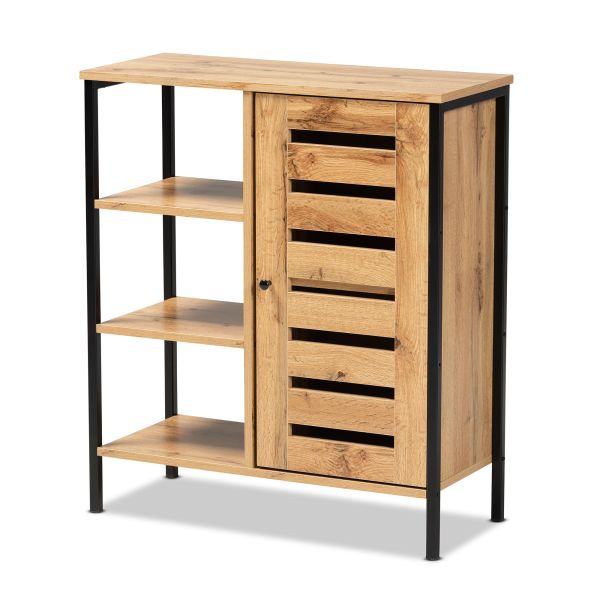 Vander Modern and Contemporary Oak Brown Finished Wood and Black Finished Metal 1-Door Shoe Storage Cabinet
