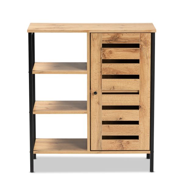 Vander Modern and Contemporary Oak Brown Finished Wood and Black Finished Metal 1-Door Shoe Storage Cabinet