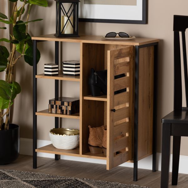 Vander Modern and Contemporary Oak Brown Finished Wood and Black Finished Metal 1-Door Shoe Storage Cabinet