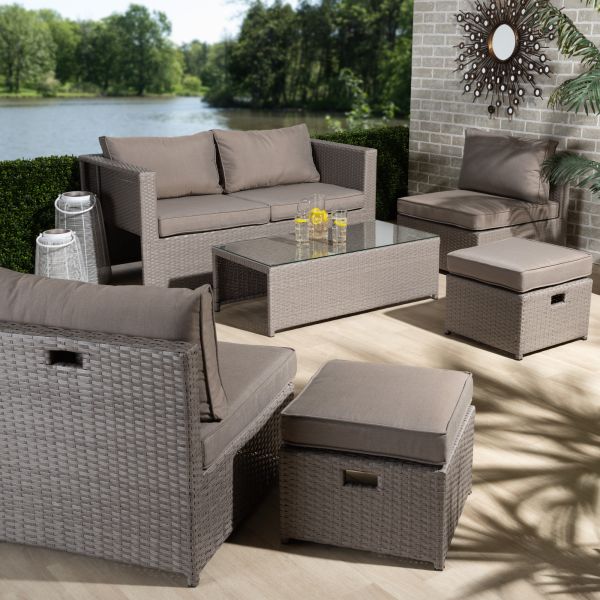 Haina Modern and Contemporary Grey Fabric Upholstered and Grey Finished Synthetic Rattan 6-Piece Patio Set