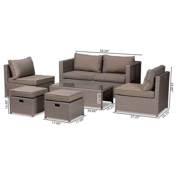 Haina Modern and Contemporary Grey Fabric Upholstered and Grey Finished Synthetic Rattan 6-Piece Patio Set