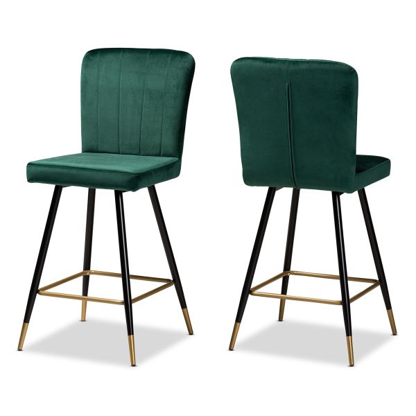 Preston Modern Luxe and Glam Green Velvet Fabric Upholstered and Two-Tone Black and Gold Finished Metal 2-Piece Bar Stool Set
