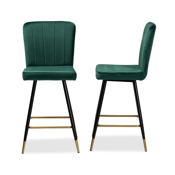 Preston Modern Luxe and Glam Green Velvet Fabric Upholstered and Two-Tone Black and Gold Finished Metal 2-Piece Bar Stool Set