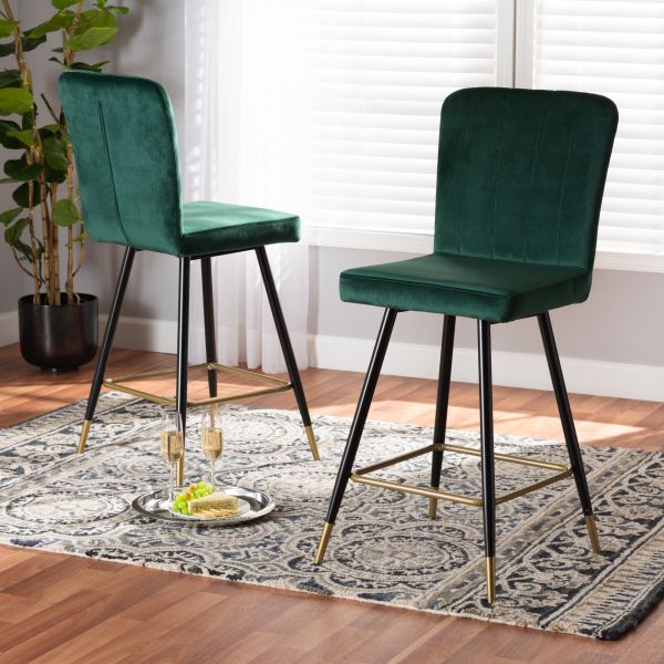 Preston Modern Luxe and Glam Green Velvet Fabric Upholstered and Two-Tone Black and Gold Finished Metal 2-Piece Bar Stool Set