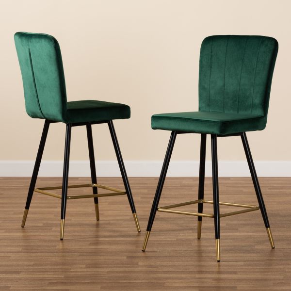Preston Modern Luxe and Glam Green Velvet Fabric Upholstered and Two-Tone Black and Gold Finished Metal 2-Piece Bar Stool Set