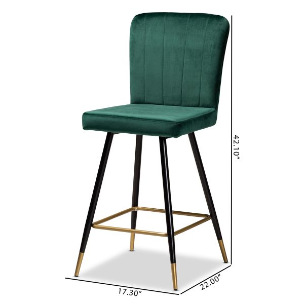 Preston Modern Luxe and Glam Green Velvet Fabric Upholstered and Two-Tone Black and Gold Finished Metal 2-Piece Bar Stool Set