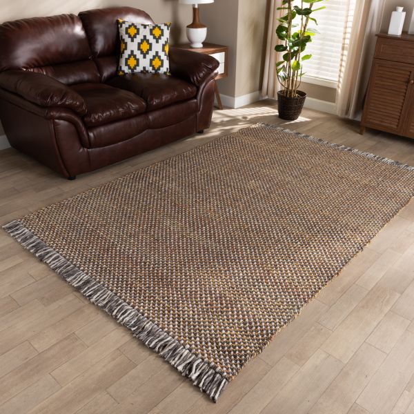 Nurten Modern and Contemporary Orange and Grey Handwoven Hemp Blend Area Rug
