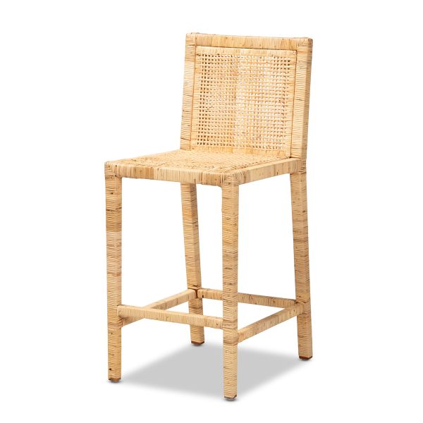 Sofia Modern and Contemporary Natural Finished Wood and Rattan Counter Stool