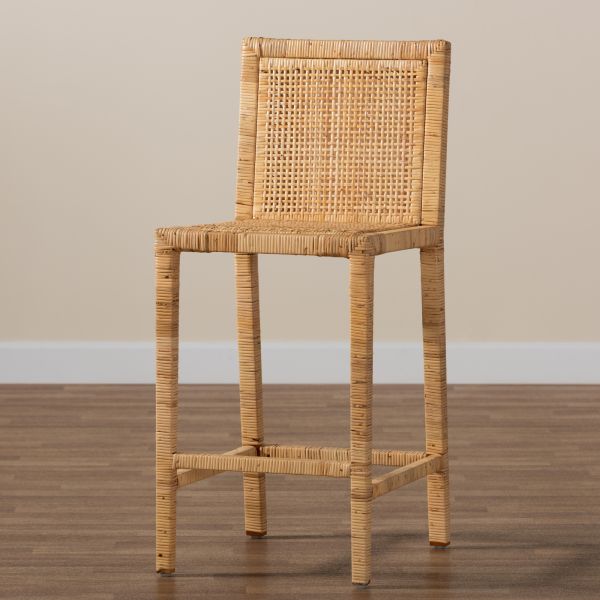 Sofia Modern and Contemporary Natural Finished Wood and Rattan Counter Stool
