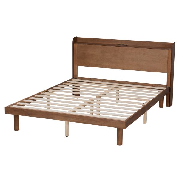 Decker Mid-Century Modern Transitional Walnut Brown Finished Wood Full Size Platform Bed with Charging Station