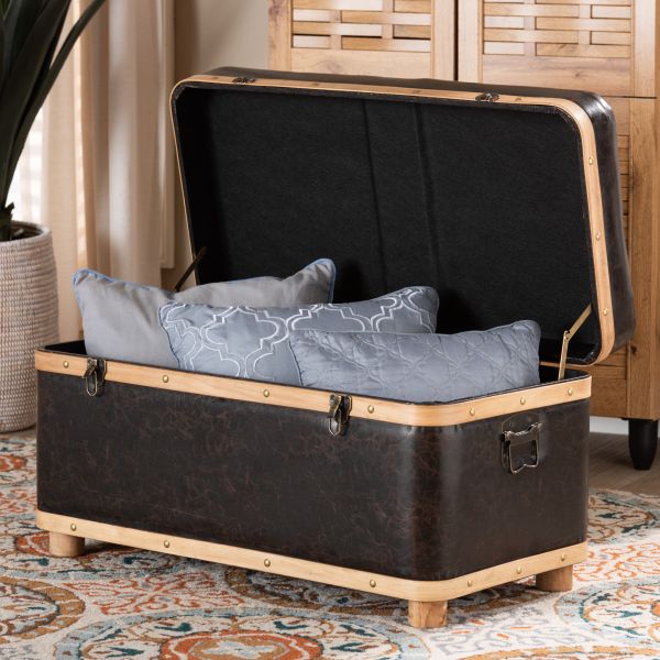 Gendry Modern Rustic Transitional Dark Brown Faux Leather Upholstered and Oak Brown Finished Wood Large Storage Ottoman