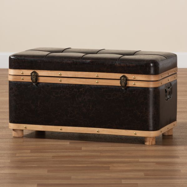 Gendry Modern Rustic Transitional Dark Brown Faux Leather Upholstered and Oak Brown Finished Wood Large Storage Ottoman
