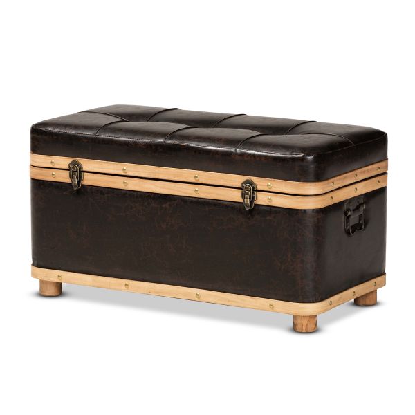 Gendry Modern Rustic Transitional Dark Brown Faux Leather Upholstered and Oak Brown Finished Wood Large Storage Ottoman