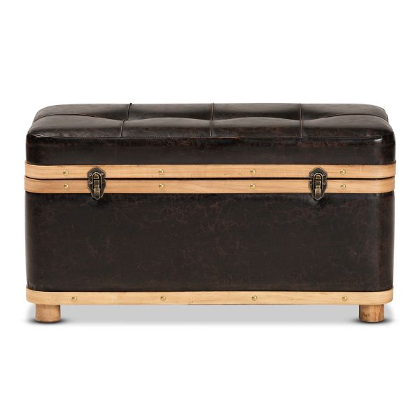 Gendry Modern Rustic Transitional Dark Brown Faux Leather Upholstered and Oak Brown Finished Wood Large Storage Ottoman