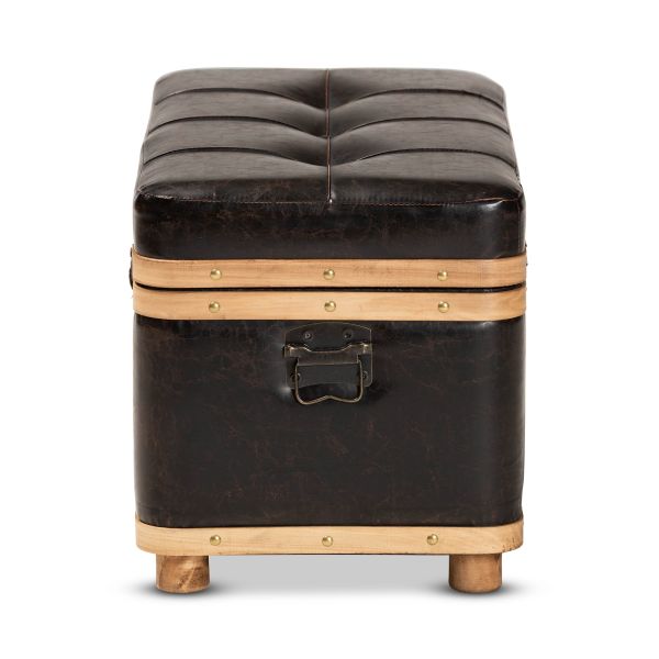 Gendry Modern Rustic Transitional Dark Brown Faux Leather Upholstered and Oak Brown Finished Wood Large Storage Ottoman