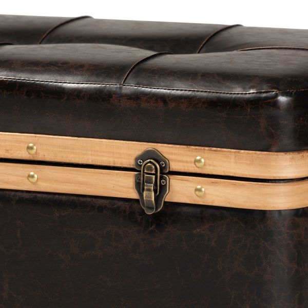 Gendry Modern Rustic Transitional Dark Brown Faux Leather Upholstered and Oak Brown Finished Wood Large Storage Ottoman
