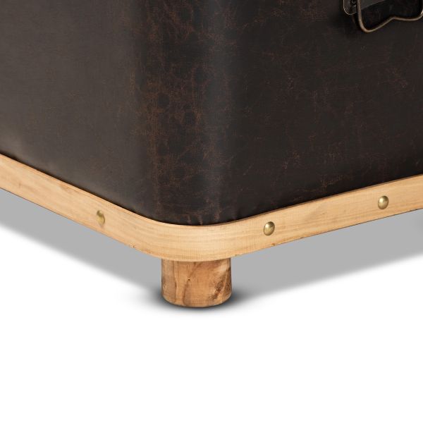 Gendry Modern Rustic Transitional Dark Brown Faux Leather Upholstered and Oak Brown Finished Wood Large Storage Ottoman