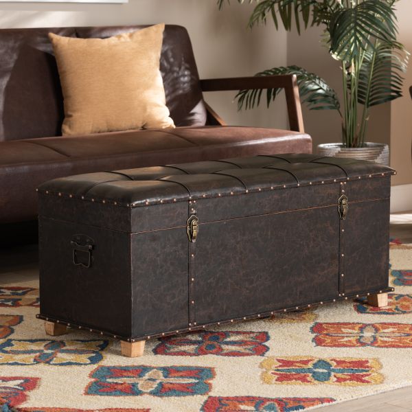 Janna Rustic Transitional Dark Brown Faux Leather Upholstered and Oak Brown Finished Wood Storage Ottoman
