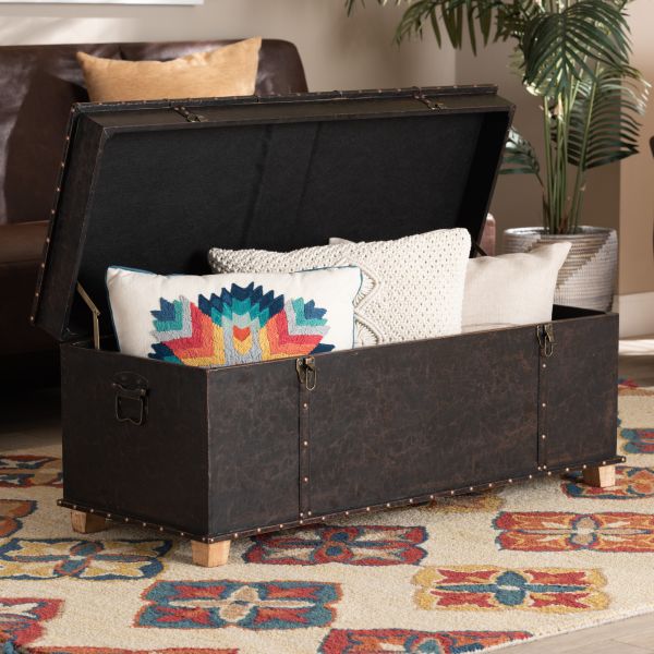 Janna Rustic Transitional Dark Brown Faux Leather Upholstered and Oak Brown Finished Wood Storage Ottoman
