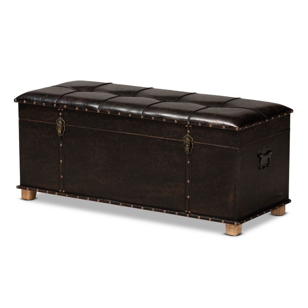 Janna Rustic Transitional Dark Brown Faux Leather Upholstered and Oak Brown Finished Wood Storage Ottoman