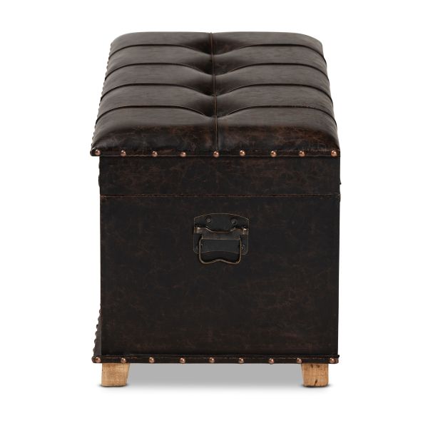 Janna Rustic Transitional Dark Brown Faux Leather Upholstered and Oak Brown Finished Wood Storage Ottoman