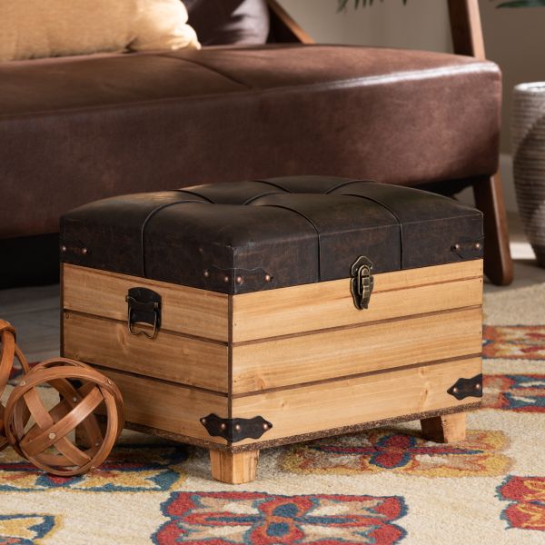 Edmund Rustic Transitional Dark Brown Faux Leather Upholstered and Oak Brown Finished Wood Storage Ottoman