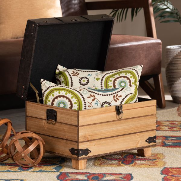 Edmund Rustic Transitional Dark Brown Faux Leather Upholstered and Oak Brown Finished Wood Storage Ottoman