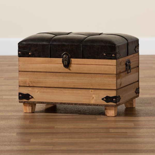 Edmund Rustic Transitional Dark Brown Faux Leather Upholstered and Oak Brown Finished Wood Storage Ottoman