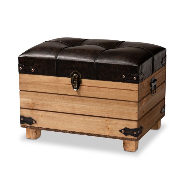 Edmund Rustic Transitional Dark Brown Faux Leather Upholstered and Oak Brown Finished Wood Storage Ottoman