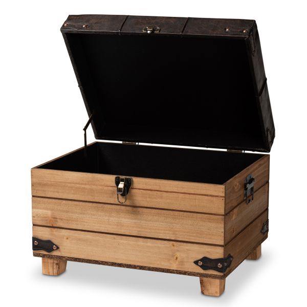 Edmund Rustic Transitional Dark Brown Faux Leather Upholstered and Oak Brown Finished Wood Storage Ottoman