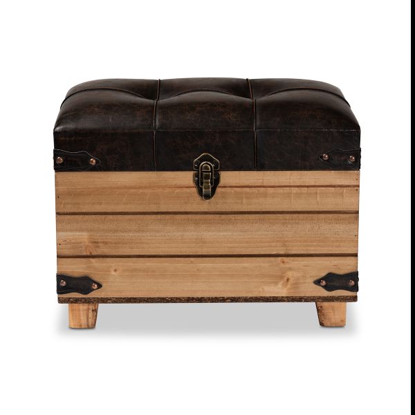 Edmund Rustic Transitional Dark Brown Faux Leather Upholstered and Oak Brown Finished Wood Storage Ottoman