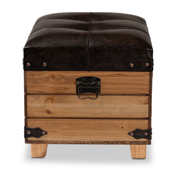 Edmund Rustic Transitional Dark Brown Faux Leather Upholstered and Oak Brown Finished Wood Storage Ottoman