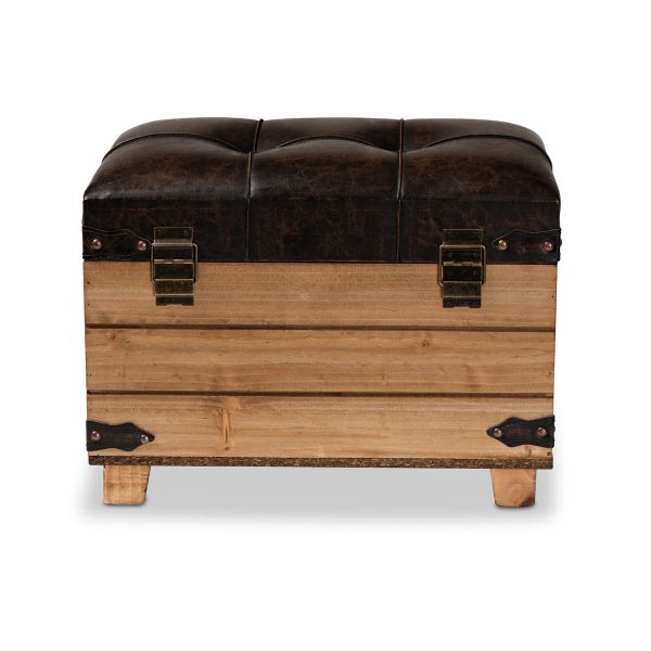 Edmund Rustic Transitional Dark Brown Faux Leather Upholstered and Oak Brown Finished Wood Storage Ottoman