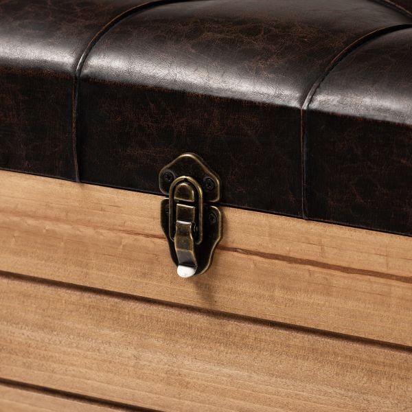 Edmund Rustic Transitional Dark Brown Faux Leather Upholstered and Oak Brown Finished Wood Storage Ottoman
