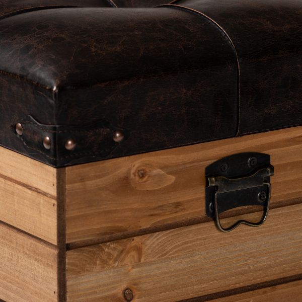 Edmund Rustic Transitional Dark Brown Faux Leather Upholstered and Oak Brown Finished Wood Storage Ottoman