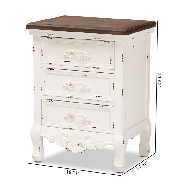 Levron Classic and Traditional Walnut Brown and Antique White Finished Wood 3-Drawer Nightstand