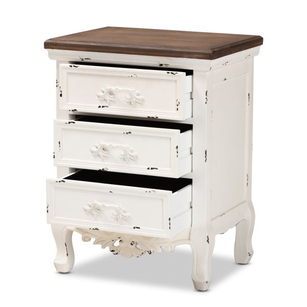 Levron Classic and Traditional Walnut Brown and Antique White Finished Wood 3-Drawer Nightstand