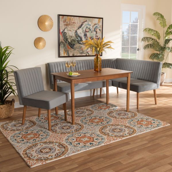Alvis Mid-Century Modern Grey Velvet Upholstered and Walnut Brown Finished Wood 4-Piece Dining Nook Set