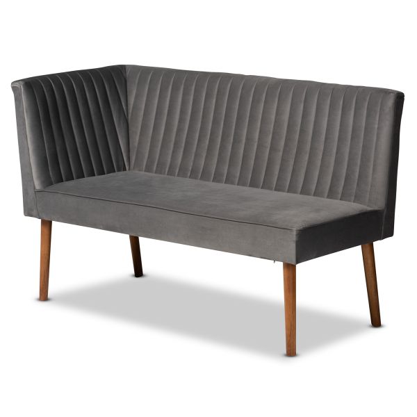 Alvis Mid-Century Modern Grey Velvet Upholstered and Walnut Brown Finished Wood 4-Piece Dining Nook Set