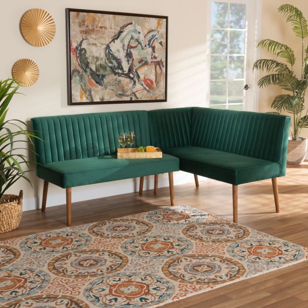 Alvis Mid-Century Modern Emerald Green Velvet Upholstered and Walnut Brown Finished Wood 2-Piece Dining Nook Banquette Set