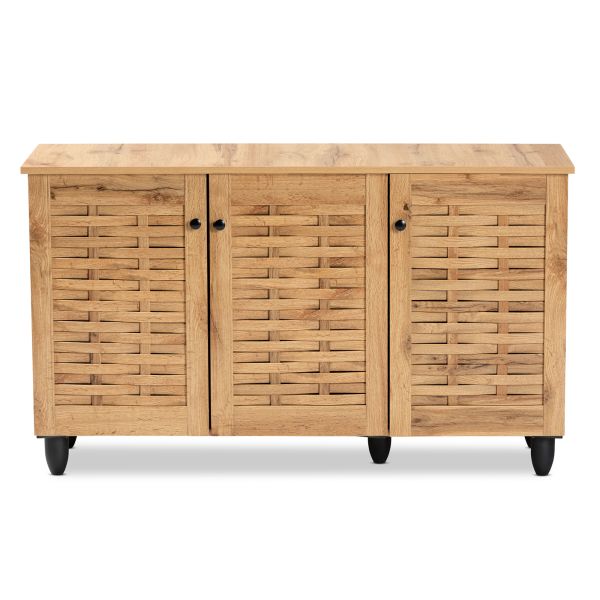 Winda Modern and Contemporary Oak Brown Finished Wood 3-Door Shoe Cabinet