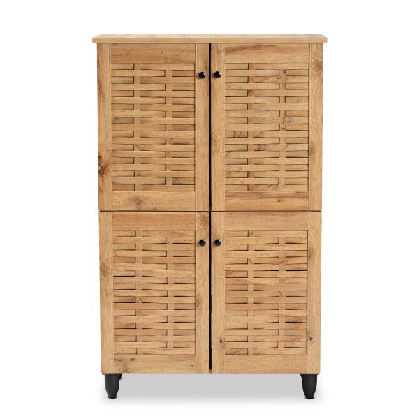 Winda Modern and Contemporary Oak Brown Finished Wood 4-Door Shoe Storage Cabinet