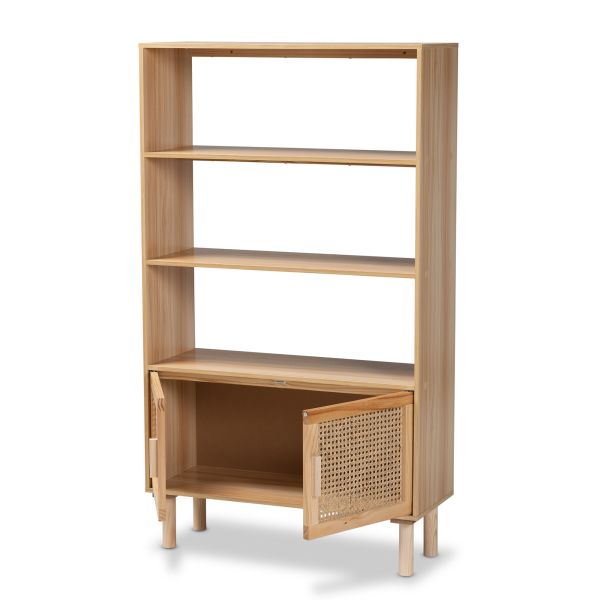 Faulkner Mid-Century Modern Natural Brown Finished Wood and Rattan 2-Door Bookcase
