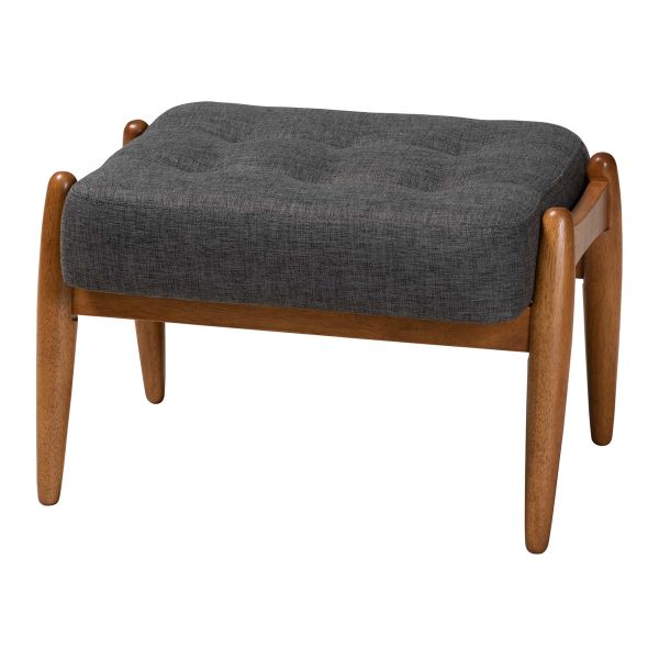 Jeanine Japandi Dark Grey Fabric and Walnut Brown Finish Wood Ottoman Footstool