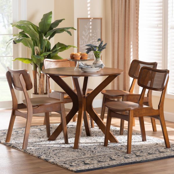Linnet Mid-Century Modern Walnut Brown Finish Wood and Rattan 5-Piece Dining Set