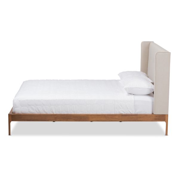 Brooklyn Mid-Century Modern Walnut Wood Beige Fabric King Size Platform Bed